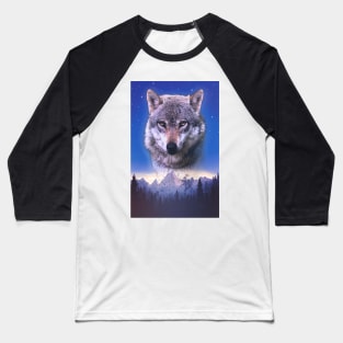 Cosmic Wolf Space Mountain Dog Wilderness Glowing Retro Vintage 80's Vibe Baseball T-Shirt